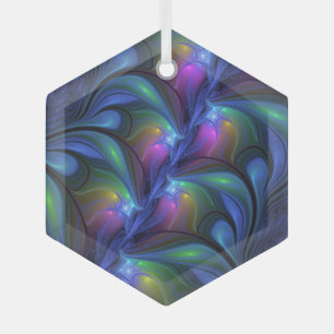 Colourful Luminous Abstract Blue Pink Green Fracta Glass Ornament