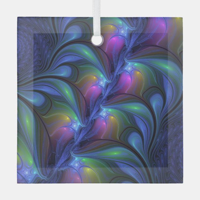 Colourful Luminous Abstract Blue Pink Green Fracta Glass Ornament (Front)