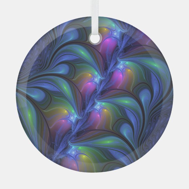 Colourful Luminous Abstract Blue Pink Green Fracta Glass Ornament (Front)