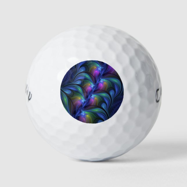 Colourful Luminous Abstract Blue Pink Green Fracta Golf Balls (Front)