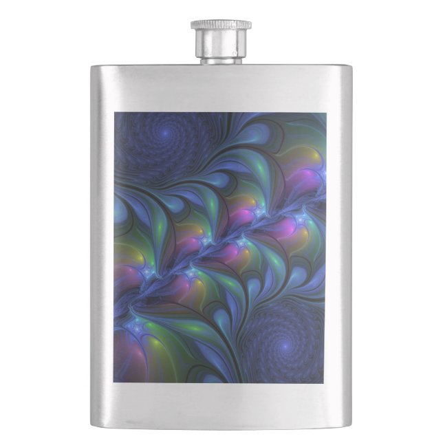 Colourful Luminous Abstract Blue Pink Green Fracta Hip Flask (Front)