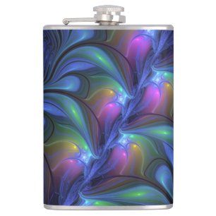Colourful Luminous Abstract Blue Pink Green Fracta Hip Flask