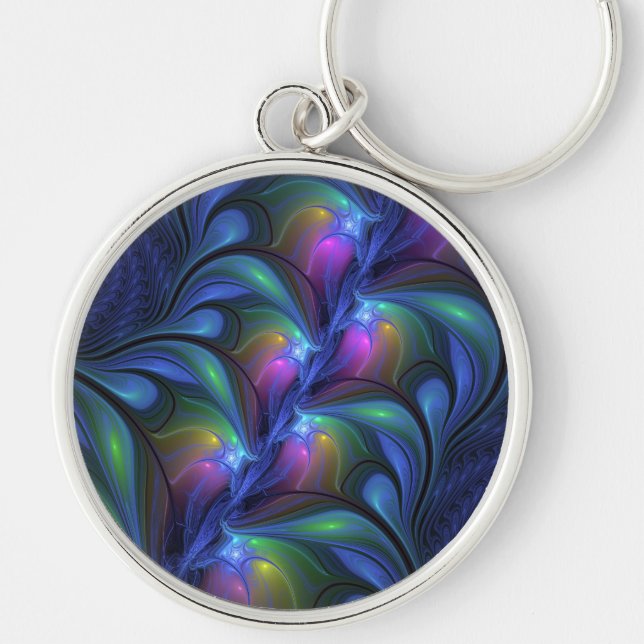 Colourful Luminous Abstract Blue Pink Green Fracta Keychain (Front)