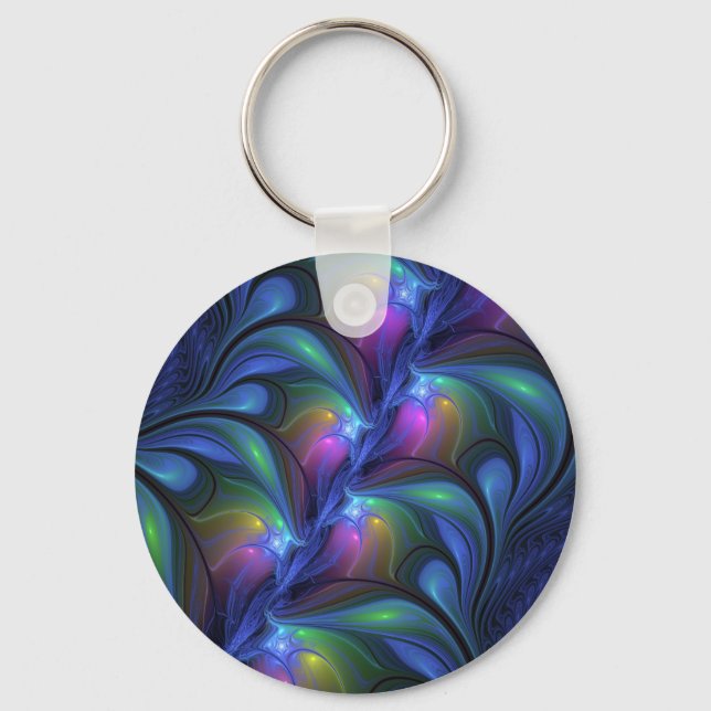 Colourful Luminous Abstract Blue Pink Green Fracta Keychain (Front)