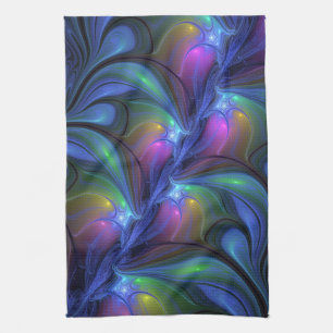Colourful Luminous Abstract Blue Pink Green Fracta Kitchen Towel