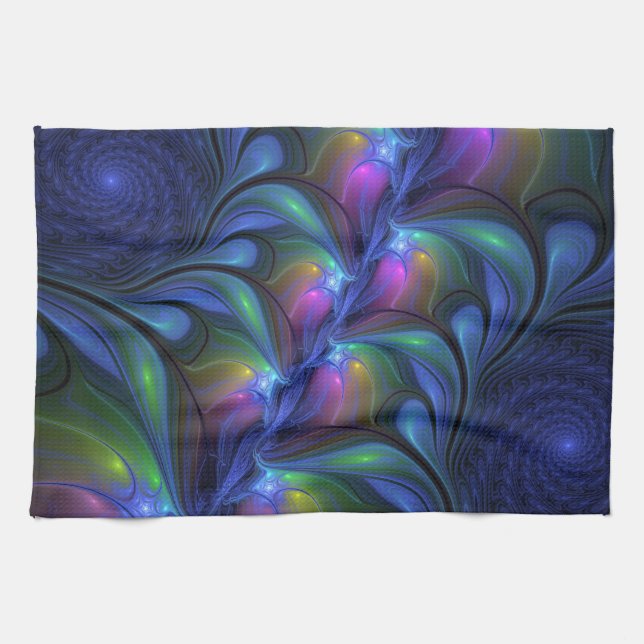 Colourful Luminous Abstract Blue Pink Green Fracta Kitchen Towel (Horizontal)