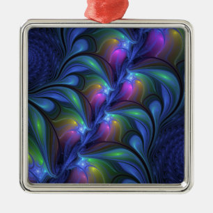 Colourful Luminous Abstract Blue Pink Green Fracta Metal Ornament