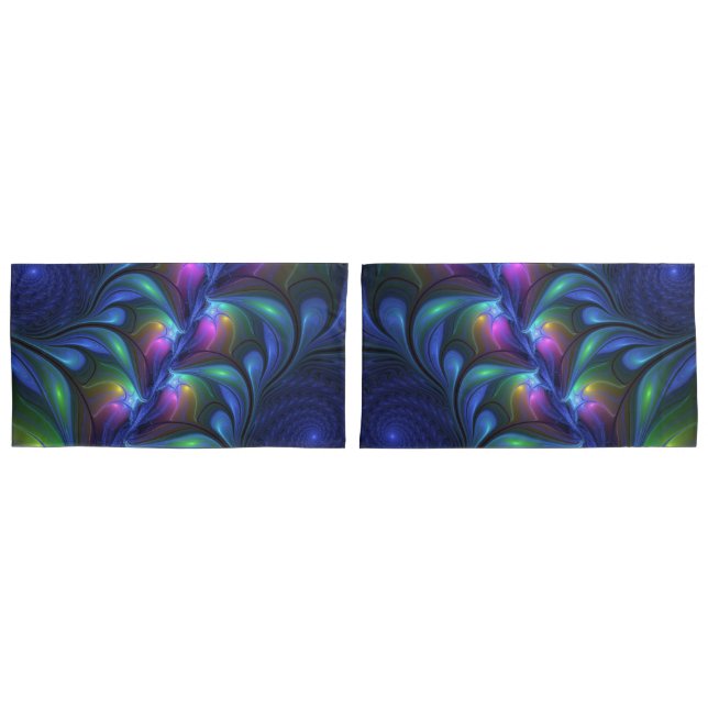 Colourful Luminous Abstract Blue Pink Green Fracta Pillowcase (Front-Set)