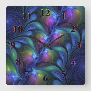 Colourful Luminous Abstract Blue Pink Green Fracta Square Wall Clock