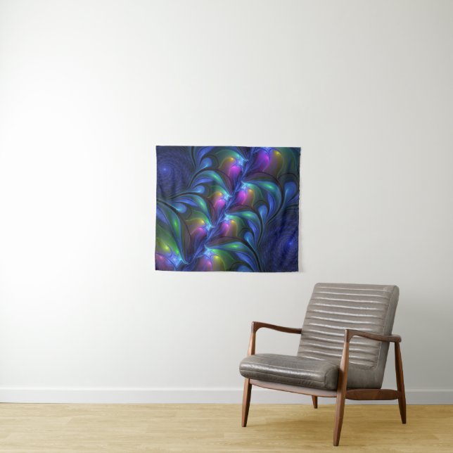 Colourful Luminous Abstract Blue Pink Green Fracta Tapestry (In Situ (Horizontal))