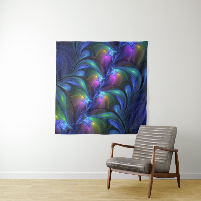 Colourful Luminous Abstract Blue Pink Green Fracta Tapestry (In Situ (Horizontal))