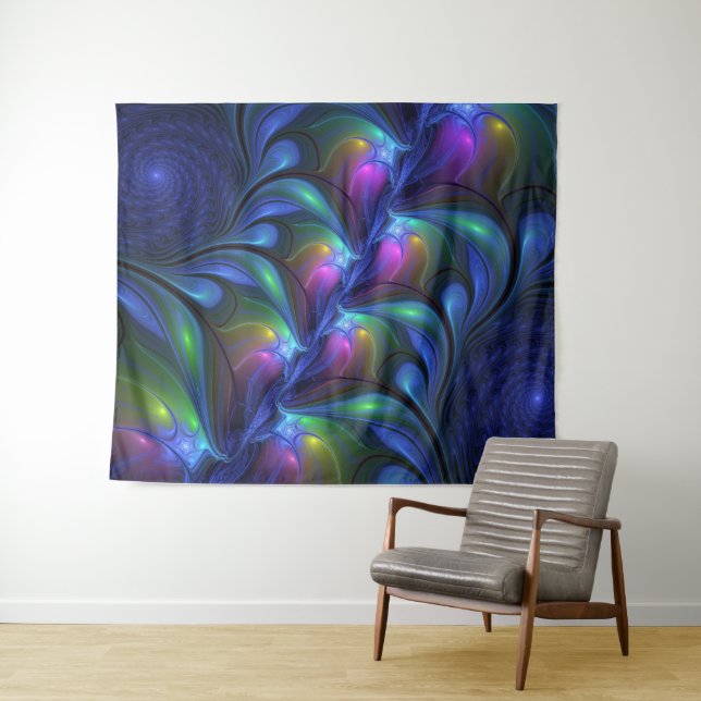 Colourful Luminous Abstract Blue Pink Green Fracta Tapestry (In Situ (Horizontal))