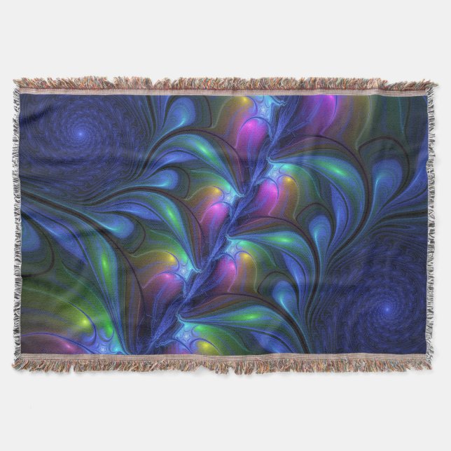 Colourful Luminous Abstract Blue Pink Green Fracta Throw Blanket (Front)