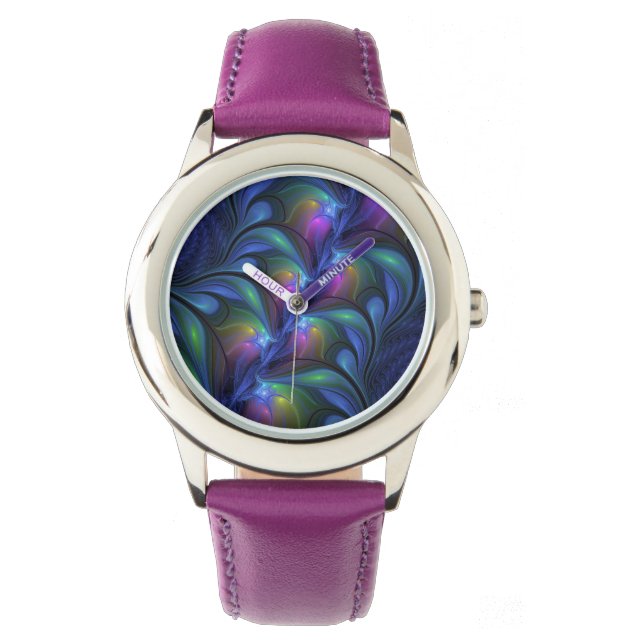 Colourful Luminous Abstract Blue Pink Green Fracta Watch (Front)