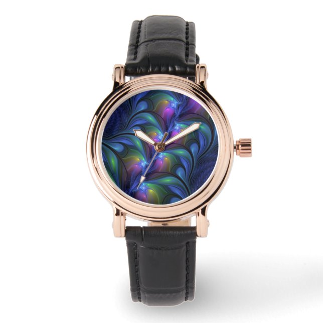 Colourful Luminous Abstract Blue Pink Green Fracta Watch (Front)
