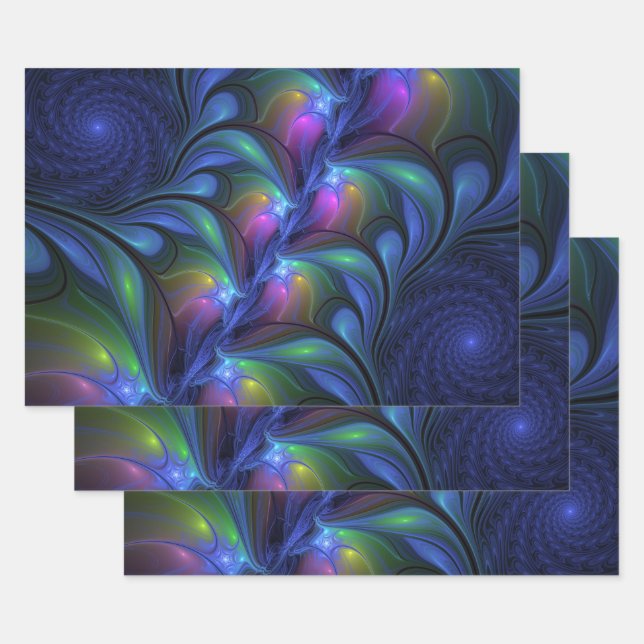 Colourful Luminous Abstract Blue Pink Green Fracta Wrapping Paper Sheet (Set)