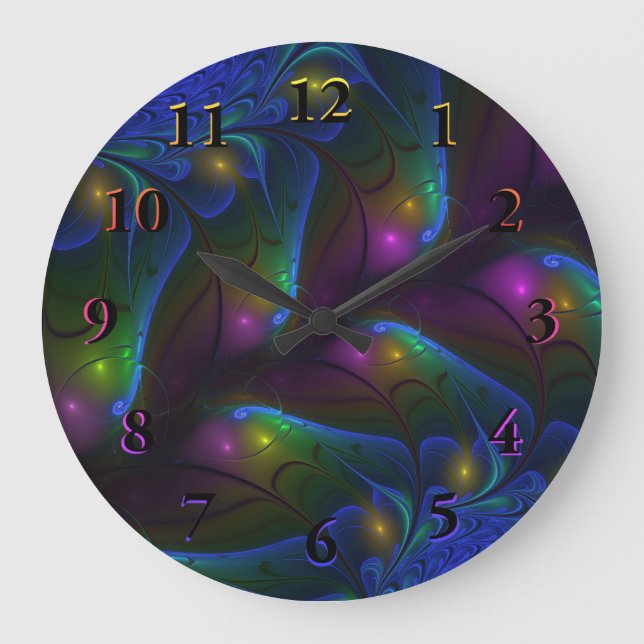 Colourful Luminous Abstract Modern Fractal Art Large Clock (Front)