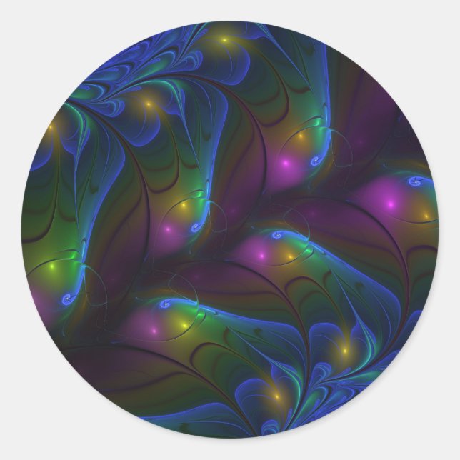 Colourful Luminous Abstract Modern Trippy Fractal Classic Round Sticker (Front)
