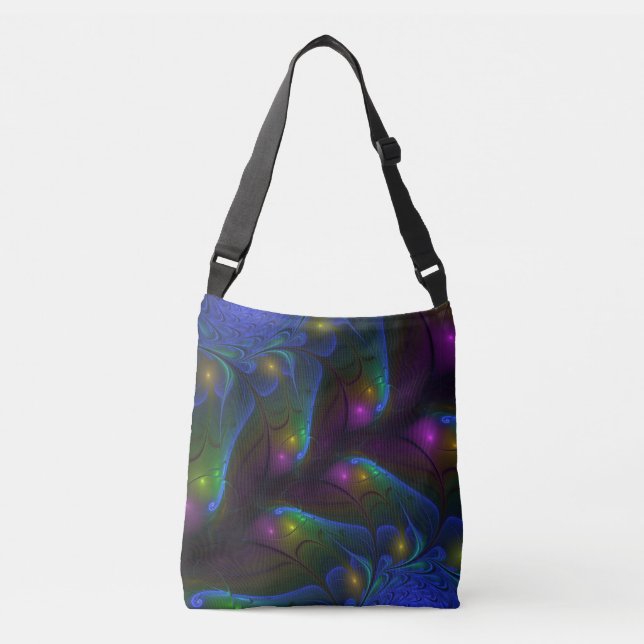 Colourful Luminous Abstract Modern Trippy Fractal Crossbody Bag (Front)