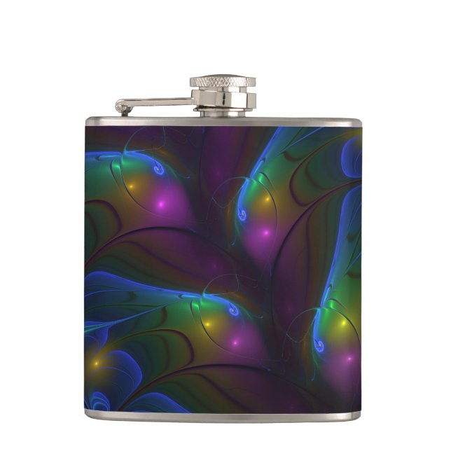 Colourful Luminous Abstract Modern Trippy Fractal Hip Flask (Front)