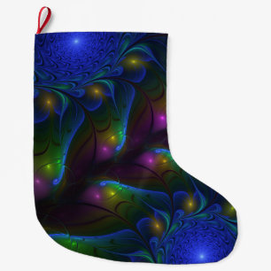 Colourful Luminous Abstract Modern Trippy Fractal Large Christmas Stocking