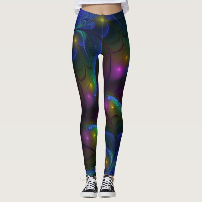 Colourful Luminous Abstract Modern Trippy Fractal Leggings (Front)