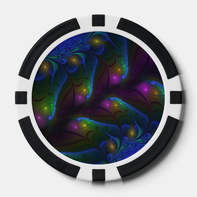 Colourful Luminous Abstract Modern Trippy Fractal Poker Chips (Front)