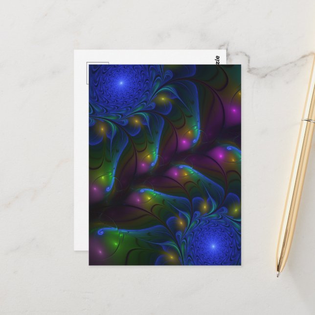 Colourful Luminous Abstract Modern Trippy Fractal Postcard (Front/Back In Situ)
