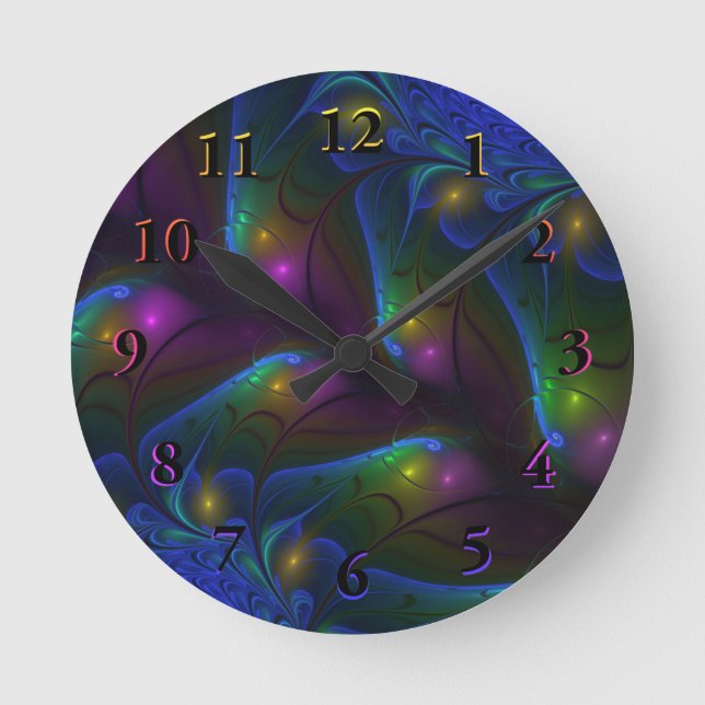 Colourful Luminous Abstract Modern Trippy Fractal Round Clock (Front)