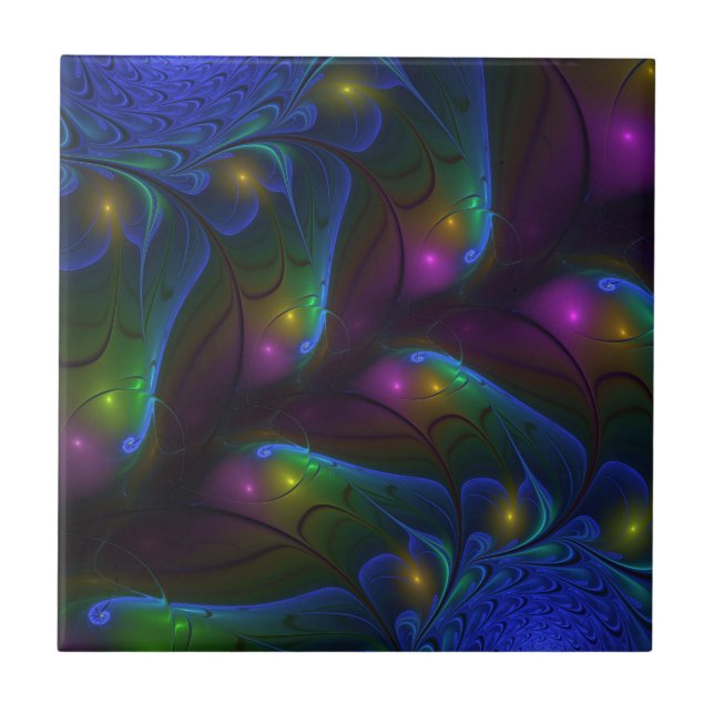 Colourful Luminous Abstract Modern Trippy Fractal Tile (Front)