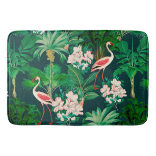 Colourful lush jungle pattern shower curtain bath mat