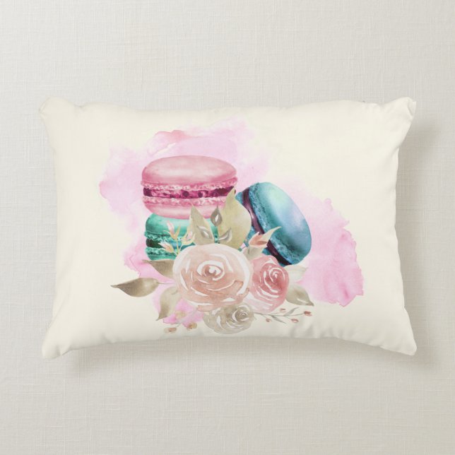 Colourful Macarons and Flowers Watercolor Accent Pillow (Front)