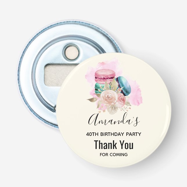 Colourful Macarons and Flowers Watercolor Birthday Bottle Opener (Front)