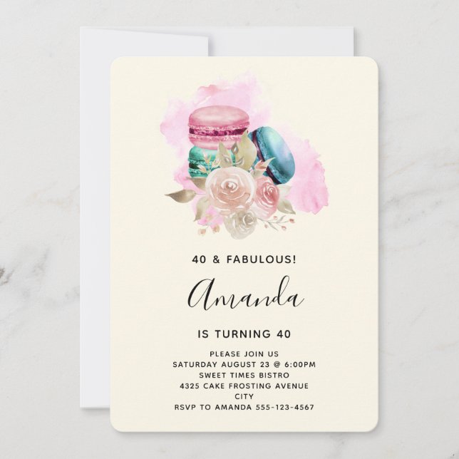 Colourful Macarons and Flowers Watercolor Birthday Invitation (Front)