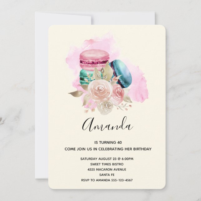 Colourful Macarons and Flowers Watercolor Birthday Invitation (Front)