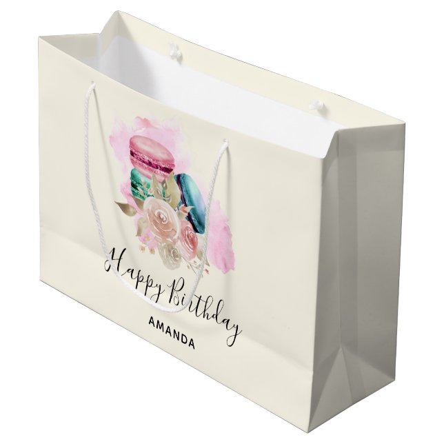 Colourful Macarons and Flowers Watercolor Birthday Large Gift Bag (Front Angled)