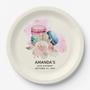 Colourful Macarons and Flowers Watercolor Birthday Paper Plate