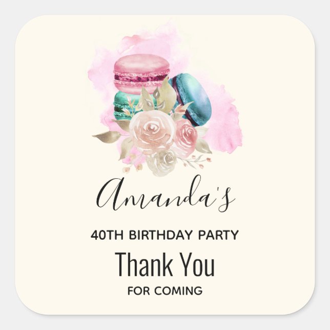 Colourful Macarons and Flowers Watercolor Birthday Square Sticker (Front)