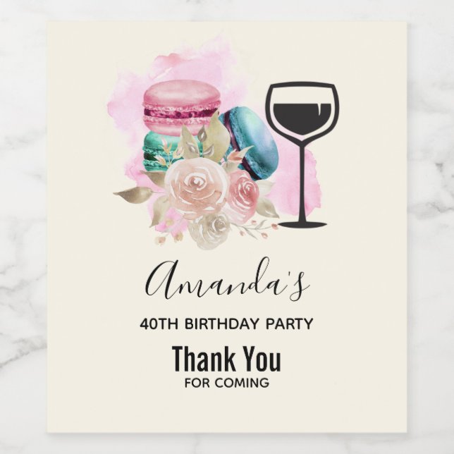 Colourful Macarons and Flowers Watercolor Birthday Wine Label (Single Label)