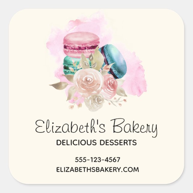 Colourful Macarons and Flowers Watercolor Business Square Sticker (Front)