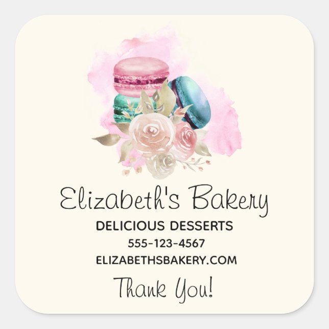 Colourful Macarons and Flowers Watercolor Business Square Sticker (Front)