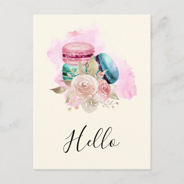 Colourful Macarons and Flowers Watercolor Hello Postcard (Front)