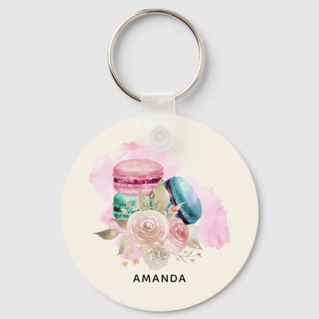 Colourful Macarons and Flowers Watercolor Keychain (Front)