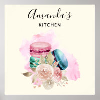 Colourful Macarons and Flowers Watercolor Kitchen