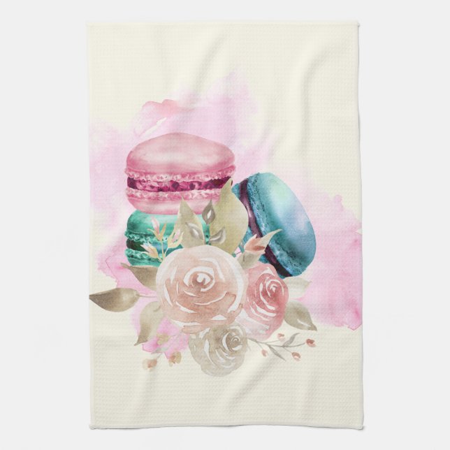 Colourful Macarons and Flowers Watercolor Kitchen Towel (Vertical)