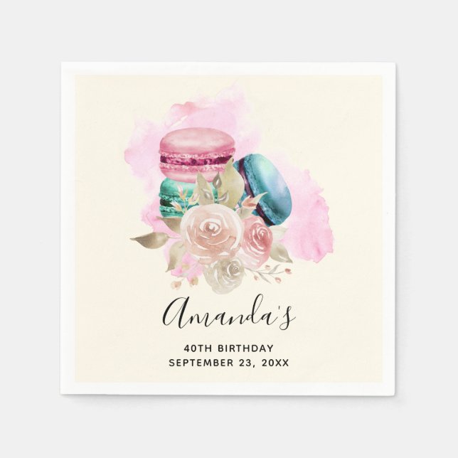 Colourful Macarons and Flowers Watercolor Napkin (Front)