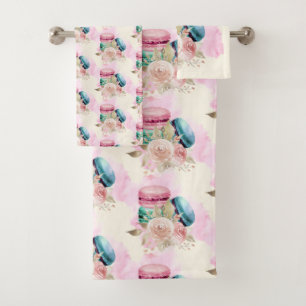 Colourful Macarons and Flowers Watercolor Pattern Bath Towel Set