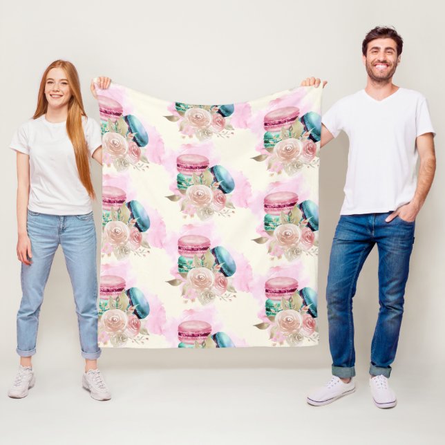 Colourful Macarons and Flowers Watercolor Pattern Fleece Blanket (In Situ)