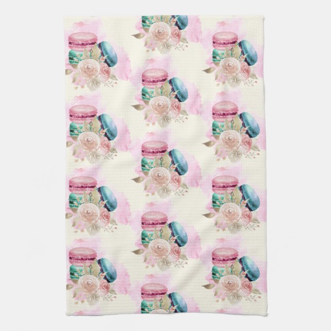Colourful Macarons and Flowers Watercolor Pattern Kitchen Towel (Vertical)