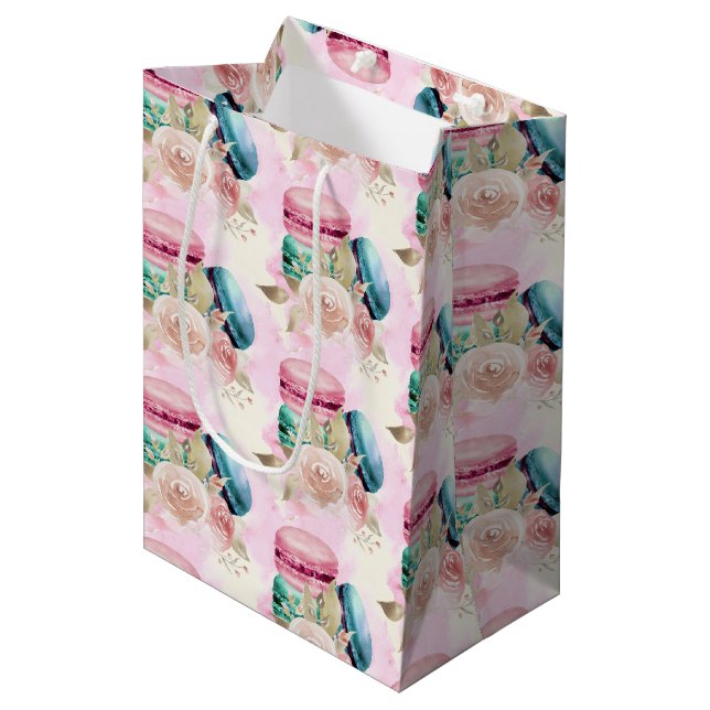 Colourful Macarons and Flowers Watercolor Pattern Medium Gift Bag (Front Angled)